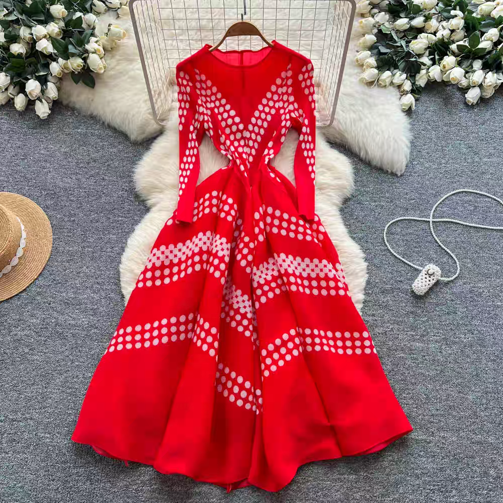 Ethnic Fashion Dress - Gaun Lipit Polkadot Elegan Rok Cetak