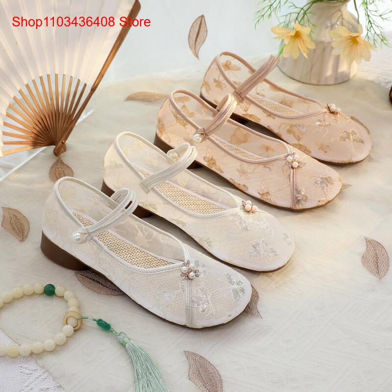 Ethnic Style - Sepatu Hak Rendah Jaring Baru dengan