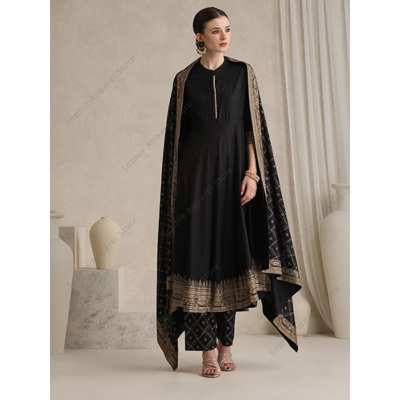 Salwar Kameez Set - Setelan Salwar Kameez Dupatta Hitam Elegan