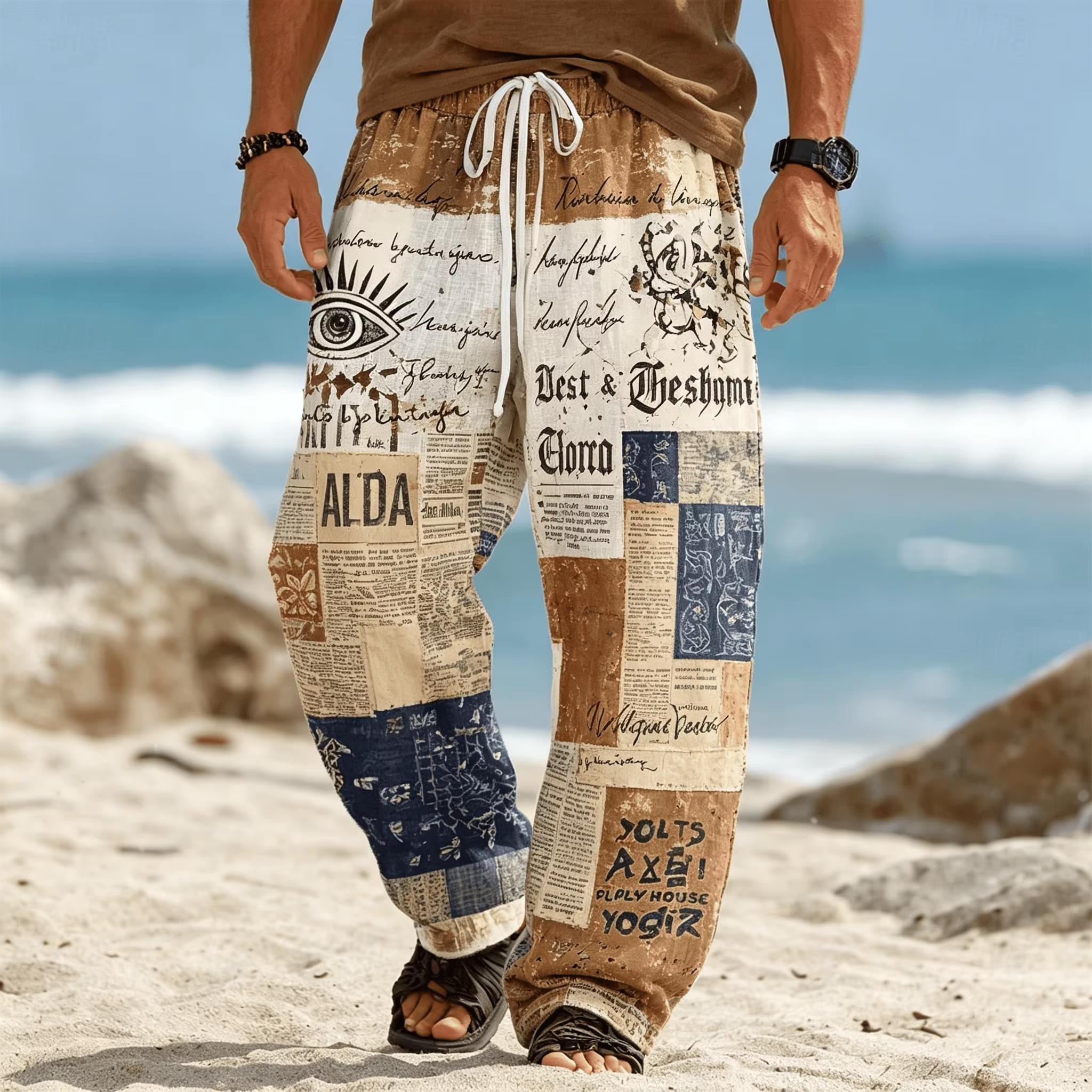 Ethnic Fashion Men - Celana Kaki Lurus Longgar Gaya Etnik