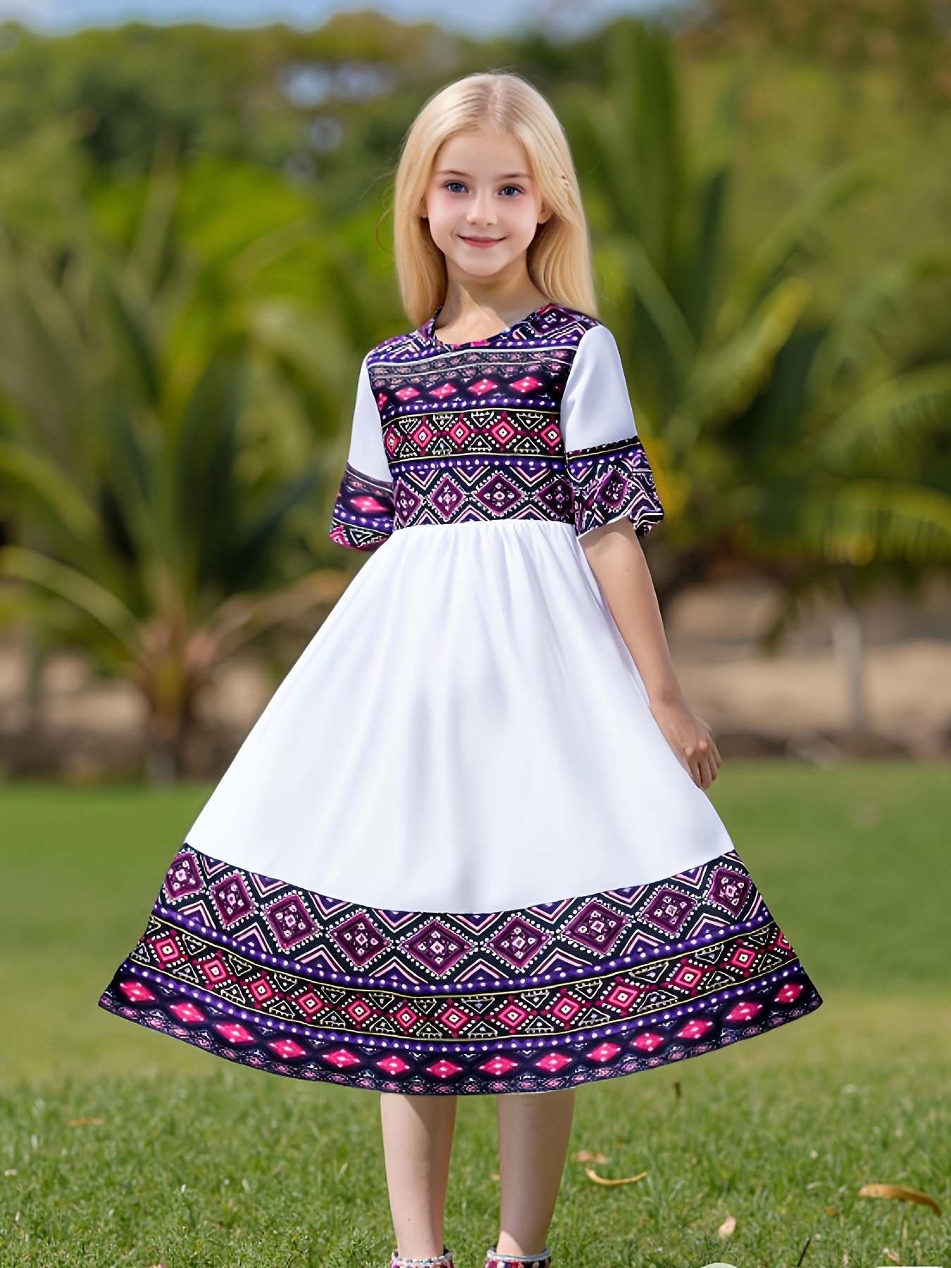 Ethnic Fashion Girls - Dress putih anak perempuan, gaun tambal